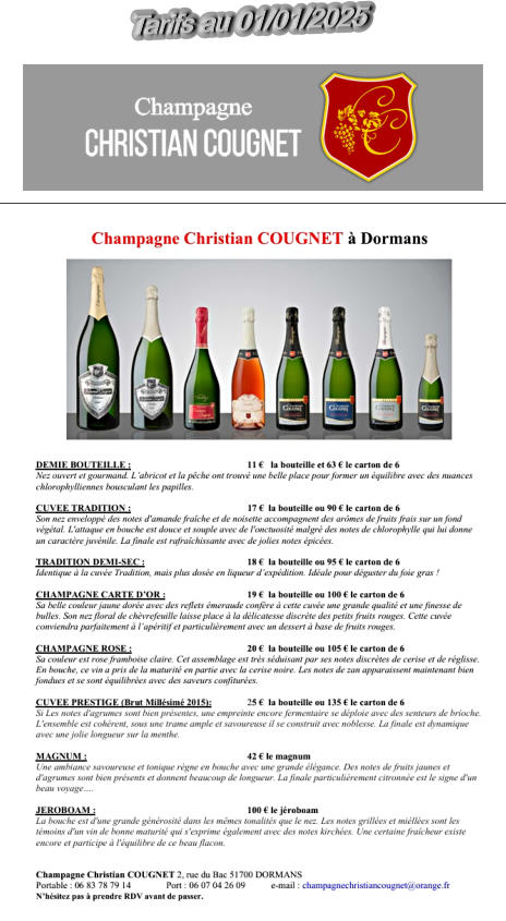 Tarifs au 01/01/2025